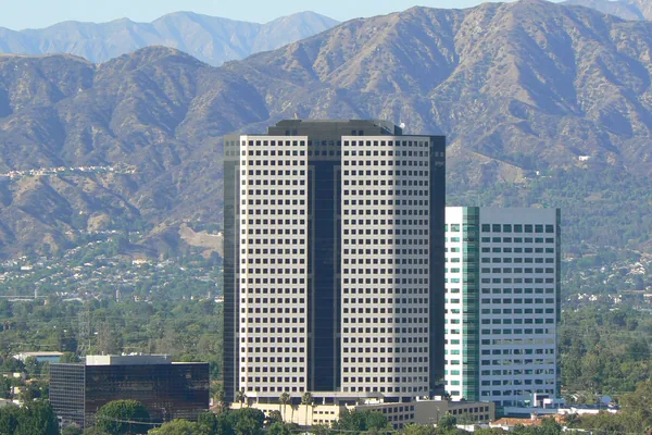 Office towers in Burbank's Media District with the Verdugo Mountains behind
