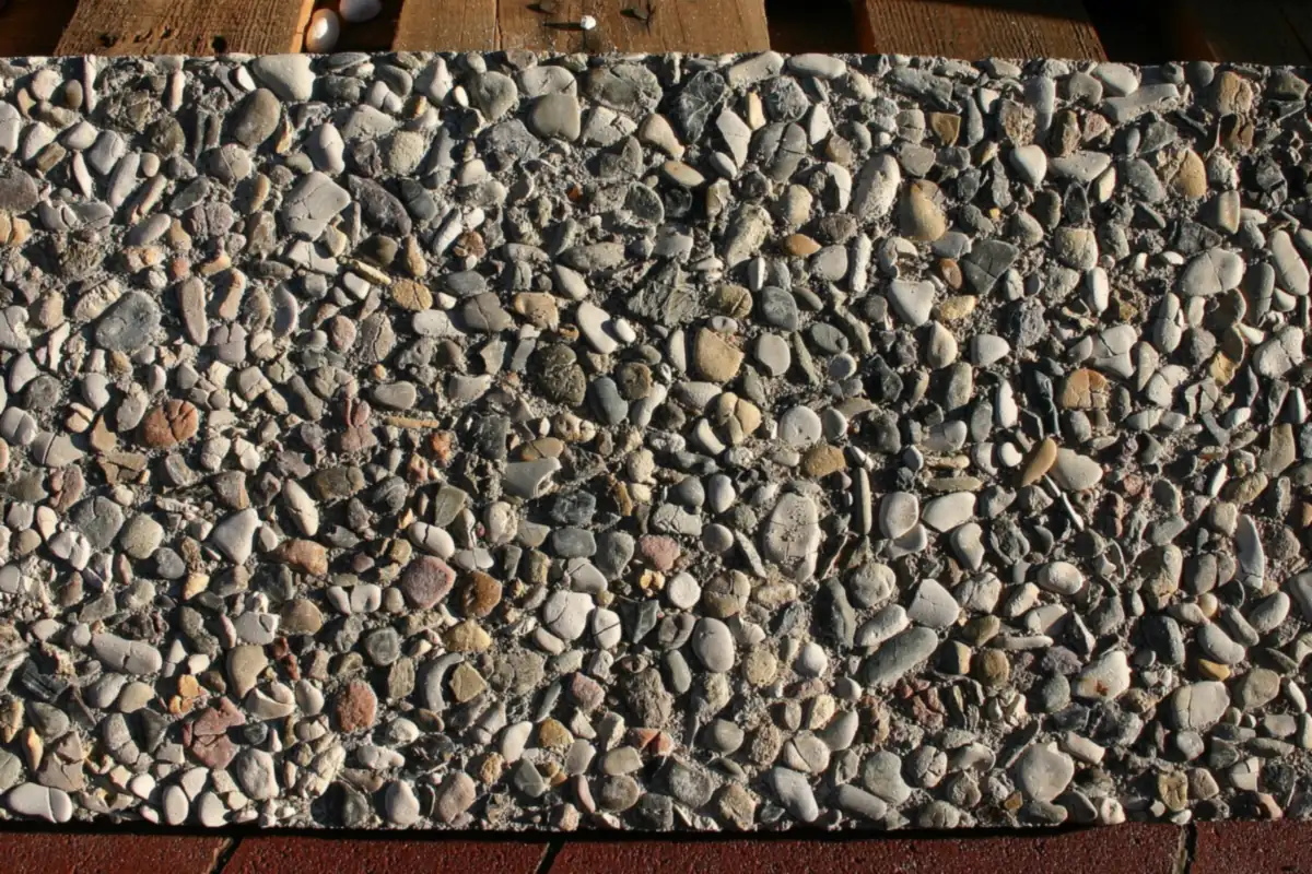 Close view of exposed aggregate concrete with rounded stones showing at the surface