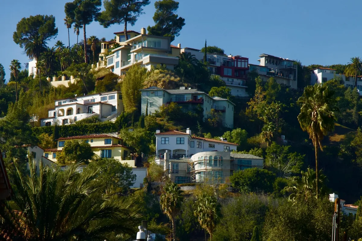 Houses stepping up a steep hillside among palms above Highland Avenue in Los Angeles