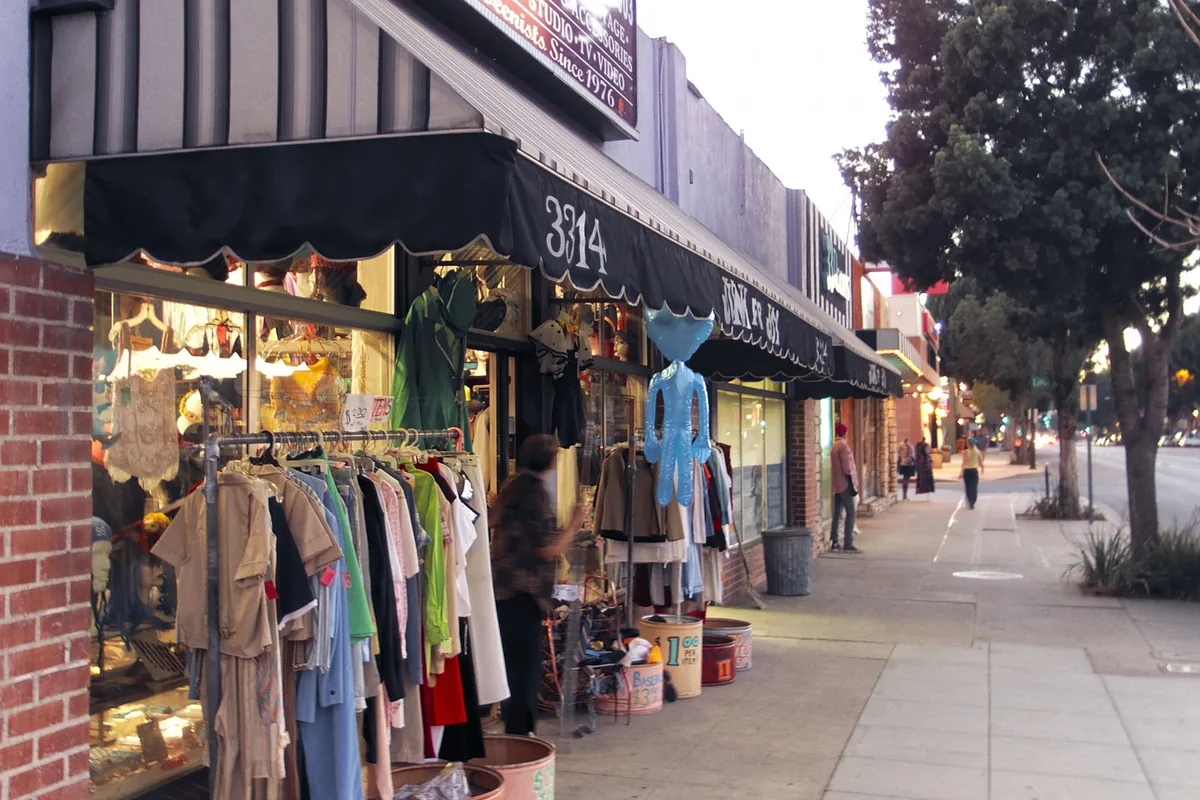 Vintage clothing shops along the sidewalk in Burbank's Magnolia Park